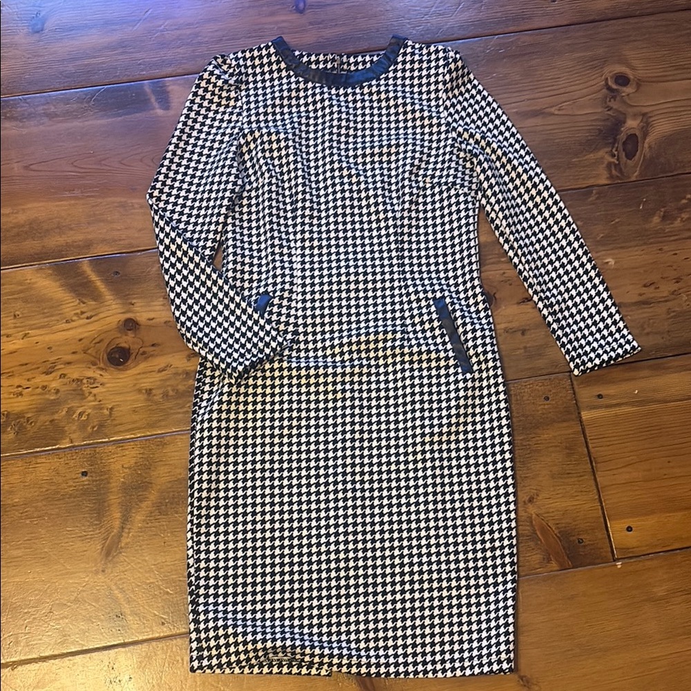 B&W Houndstooth Dress Long Sleeve Crew Neck Black Trim 8